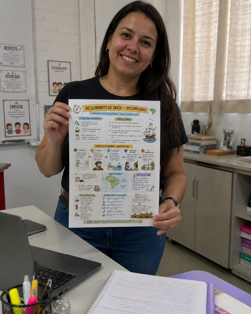 Usuária sorridente com material de Descobrimento do Brasil