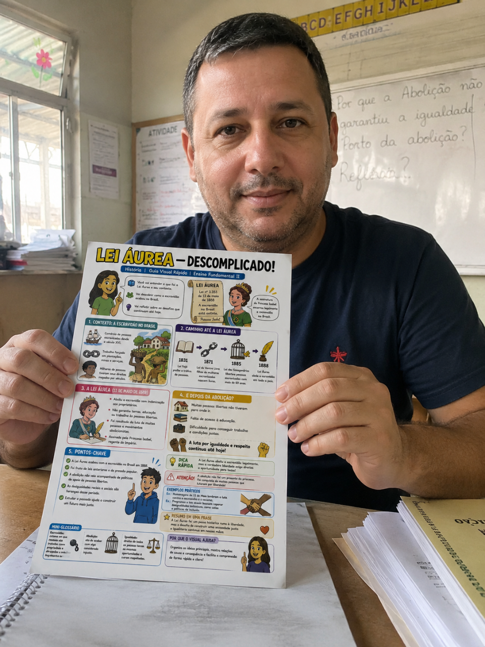 Professor com material de Lei Áurea